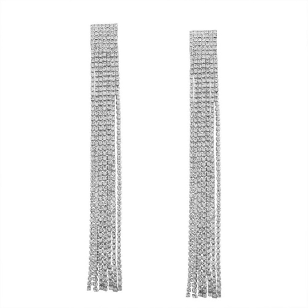 Long Chain‎ Rhinestone Dangle Silver Earrings